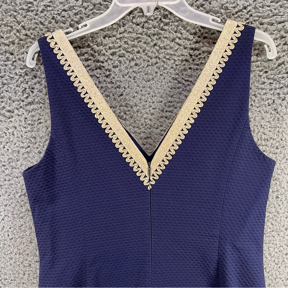 Lilly Pulitzer Junie True Shift Dress Sz 8 Blue/Gold V-Neck Nautical Resortwear - Picture 13 of 15